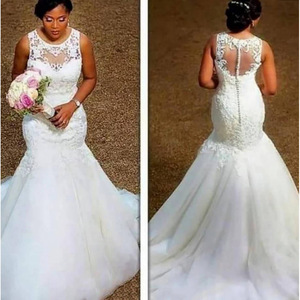 White Mermaid Wedding Dress O-Neck Illusion Lace High Low Silhouette For Bride - Product Image 1