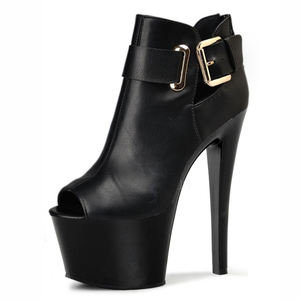 Chaussures sexy fétichistes à talon fin de 17 cm avec boucle en métal noir, modèle de podium, danse sur piquet, chaussures de travestissement - Product Image 1