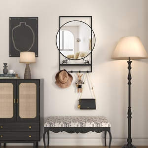 Beautme tường gương với kệ, 20 "x 28" vòng kim loại màu đen khung phòng tắm gương lối vào gương với Hooks - Product Image 3