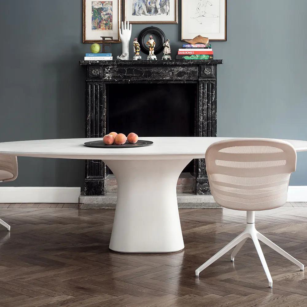 Muebles para el hogar, mesas de comedor de hormigón ovaladas, con revestimiento de cemento minimalista nórdico moderno, color blanco y negro