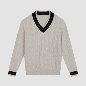 GUOOU Custom Winter Jacquard Cable Long Sleeve Business V-neck Knitted Jumper Pullover V Neck Sweater Men Cashmere Sweater