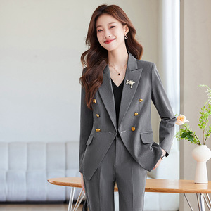 Women's Suit Set Solid Color Polyester Anti-Wrinkle Double Breasted Work Uniform Professional Attire For Office Wear - Product Image 2