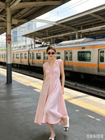 Robe midi d'été 100 % lin pour femme, sans manches, col en V, volants, coupe tunique, ajustée, avec cordon de serrage, décontractée, pour les vacances et la plage