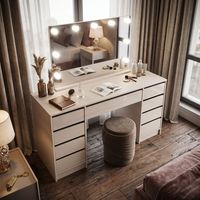 Ensemble de coiffeuse moderne et durable pour chambre et salon, avec éclairage LED intégré, tiroirs de rangement et tabouret ottoman en MDF
