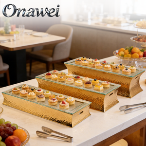 Support à gâteau de mariage <span class=keywords><strong>en</strong></span> verre martelé <span class=keywords><strong>en</strong></span> acier inoxydable doré Onawei, pour buffet arabe de Dubaï, équipement de décoration de table et présentation alimentaire - Product Image 2