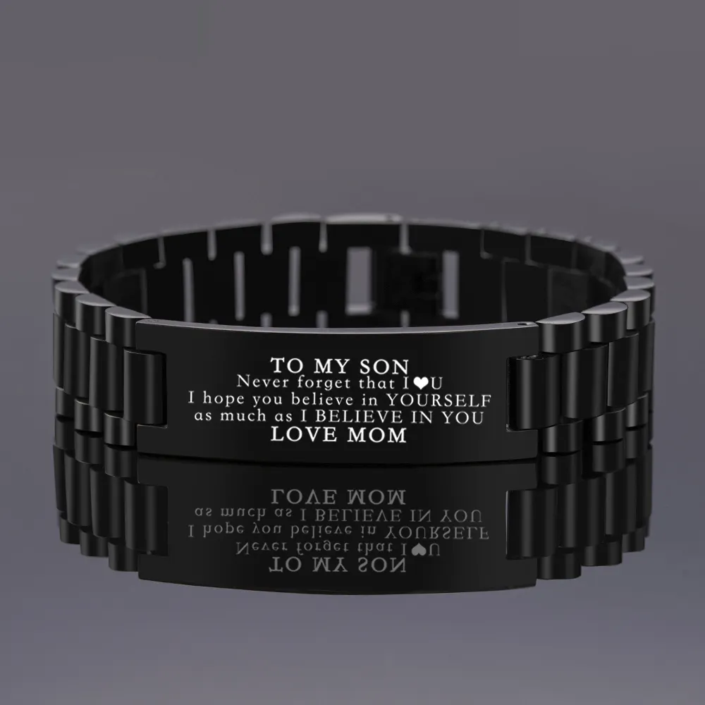 Engraved Charms Gold Plated Stainless Steel Bracelet Men Tungsten Jewelry Designs To My Son Love Mom Mens Bracelets