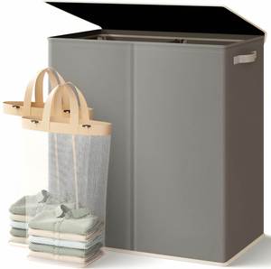 Large <b>Double</b> <b>Laundry</b> <b>Hamper</b> with Lid, Removable Bags & Reinforced Handles, 2 Section Tall <b>Laundry</b> Basket - Product Image 1