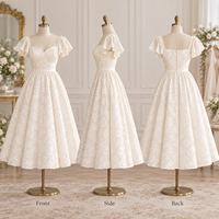 Robe midi personnalisée pour femme, jacquard floral, taille froncée, col incurvé, manches flottantes, jupe évasée, robe de cérémonie coupe trapèze