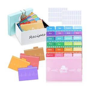 Separadores de tarjetas de recetas, incluye 24 etiquetas y 12 etiquetas en blanco, 60 etiquetas adhesivas que funcionan con tarjetas para organizar la caja de recetas