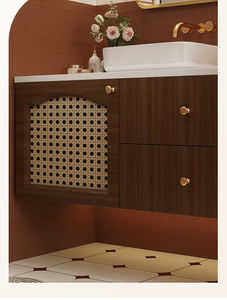 Mueble de baño con espejo redondo pintado en color nogal, estilo chino, de madera maciza, modelo 2026, con lavabo integrado. - Product Image 2