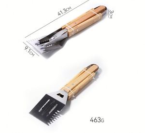 Ensemble de 3 outils de barbecue en acier inoxydable robuste avec manches en bois - Accessoires de barbecue professionnels écologiques pour grillades au charbon de bois - Product Image 2
