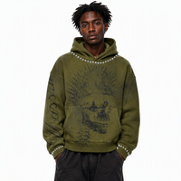 Sweat à capuche zippé pour homme, coupe oversize et ample, style boxy, imprimé DTG, délavé à l'acide, vert délavé soleil, orné de strass, collection automne