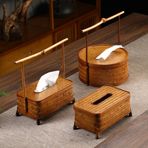 <b>Bamboo</b> Woven Tissue Box With Handle Retro Chinese Style For Home Living Room Tea Ceremony Accessory - Product Image 1