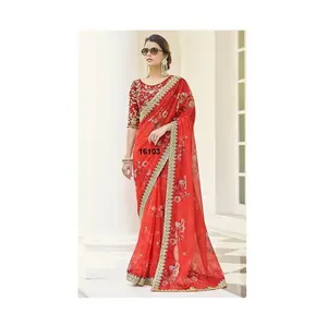 High on Demand Women Cotton Fabric Embroidery Work Women Saree For Wedding and Party Wear from Indian Supplier
