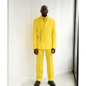 Special Design Yellow Mens Suits With Zipper 2 Pieces Coat Pant Latest Wedding Suits Groom Prom Tuxedos Blazer Sets Jacket
