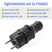 2 prises Schuko noires mâles 250V 16A, norme européenne, pour alimentation électrique