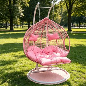 Sillón Colgante de Ratán con Dos Cojines, Toldo de Patio, Reposapiés de Lujo en Dorado, para Jardín Exterior - Product Image 5