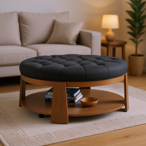 Pouf capitonné gris foncé en lin avec base ronde en bois et étagère, meuble de salon de style moderne et transitoire - Product Image 2