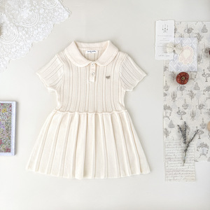 Vestidos <span class=keywords><strong>de</strong></span> Punto <span class=keywords><strong>para</strong></span> Bebés Niñas, Primavera-Verano, Estilo Colegial, Cuello Camisero, Algodón Crochet, Manga Corta, Plisados - Product Image 5