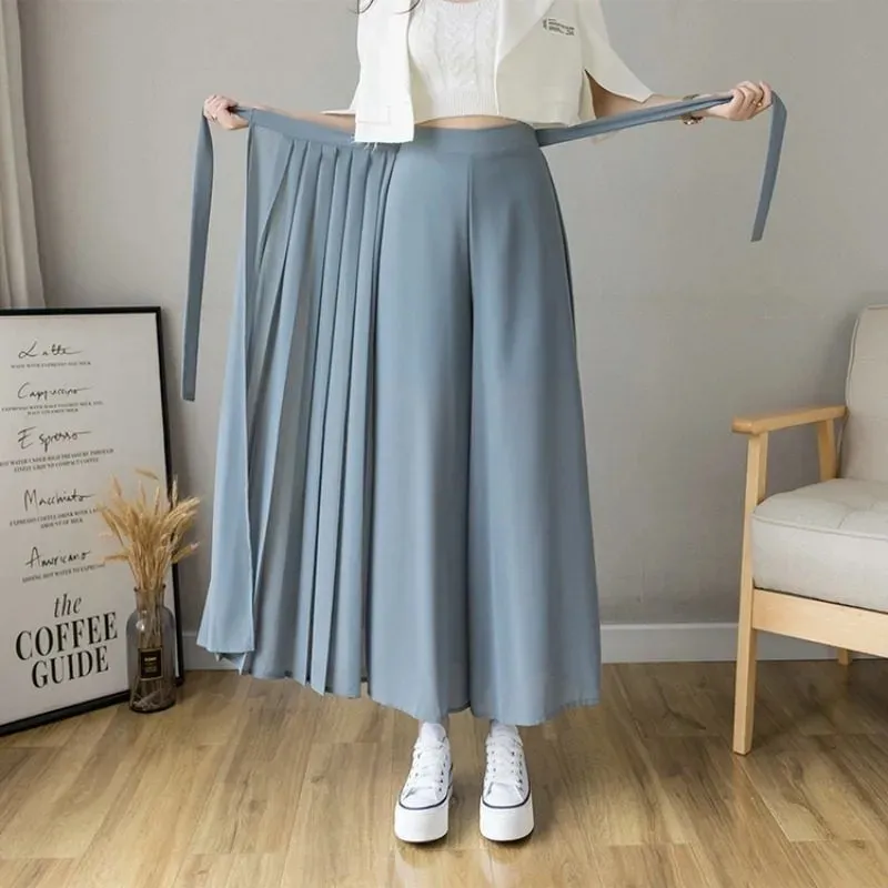 2022 High Waist Pants Hakama Casual Pantalones Spring Summer New Style Korean Women Pleated Chiffon Wide Leg Pants Trousers