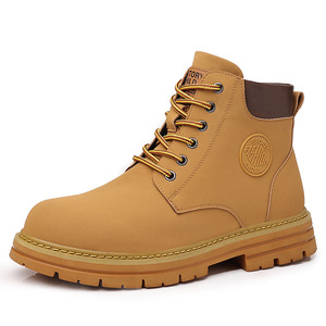 Bottes Martin pour hommes en cuir, semelle épaisse en caoutchouc, talon bas, doublure en polaire isolante, bottes de travail courtes jaunes, automne 2024 - Product Image 5