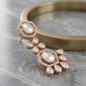Parure de collier et boucles d'oreilles Kundan superposés en or rose, bijoux de mariée de luxe avec sertissage géométrique pour femme, bijoux de mariage - Product Image 2