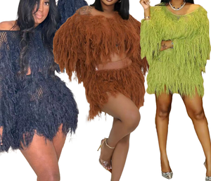Robes de bureau pour femmes, col rond, manches trois quarts, ceinture, plumes - Product Image 2