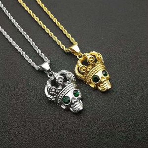 Collar con Colgante de Calavera de Acero Inoxidable con Corona y Ojos Verdes, Colgantes Temáticos con Engaste de Bisel, Joyería de Regalo - Product Image 1