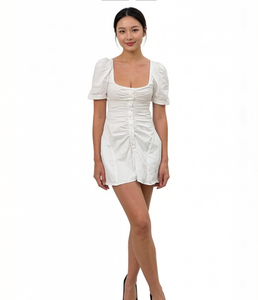 Nuevo Diseño <span class=keywords><strong>Vestido</strong></span> Mini Vintage Blanco con Cuello <span class=keywords><strong>Cuadrado</strong></span> para Mujer, <span class=keywords><strong>Manga</strong></span> <span class=keywords><strong>Abullonada</strong></span>, Fruncido y Botones al Frente, Estilo Casual - Product Image 1