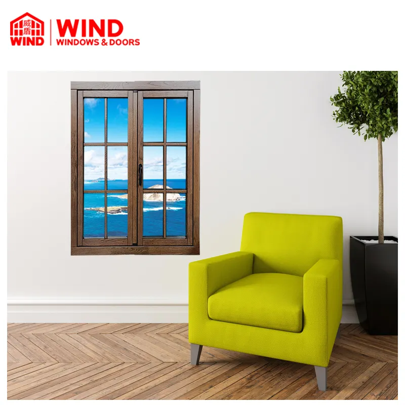 חדש נמוך מחיר outswing אלומיניום צרפתי עץ windows עם גריל עיצוב אלומיניום בלבוש עץ windows