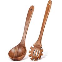 Ensemble de 2 louches à soupe et cuillères à pâtes en bois de teck lisse de qualité alimentaire FSC, ustensiles de cuisine pour cuisiner, servir et égoutter