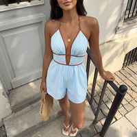 Nouvelle combinaison short rayée en polyester, style vacances estivales européennes et américaines, taille haute, col montant, pour femme