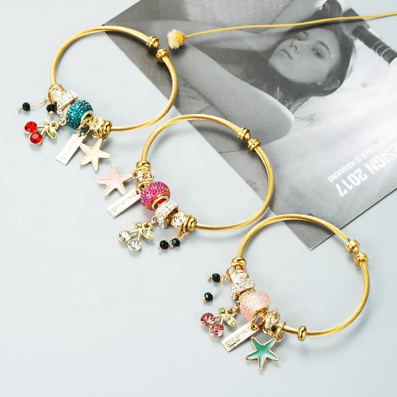 Wholesale starfish charm bracelet gold stainless steel crystal pendant bangle DIY charm bracelet for women