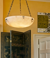 Lustre suspendu vintage de designer Burton, en albâtre espagnol, pour plafond, rond, pour villa, salon, en laiton antique et bronze