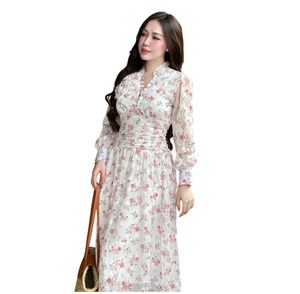 Robe longue en mousseline de soie à motif floral pour femme, col montant, manches longues lanternes, coupe fluide trapèze, décontractée d'été, OEM - Product Image 1
