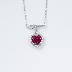 S925 Silver Romantic Heart‑Cut Lab‑Created <b>Ruby</b> <b>Necklace</b> - Product Image 1
