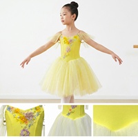 Robe de tutu de ballet jaune pour filles R1082, manches à volants, jupe en tulle à paillettes, costume de scène de ballet pour enfants, sur mesure