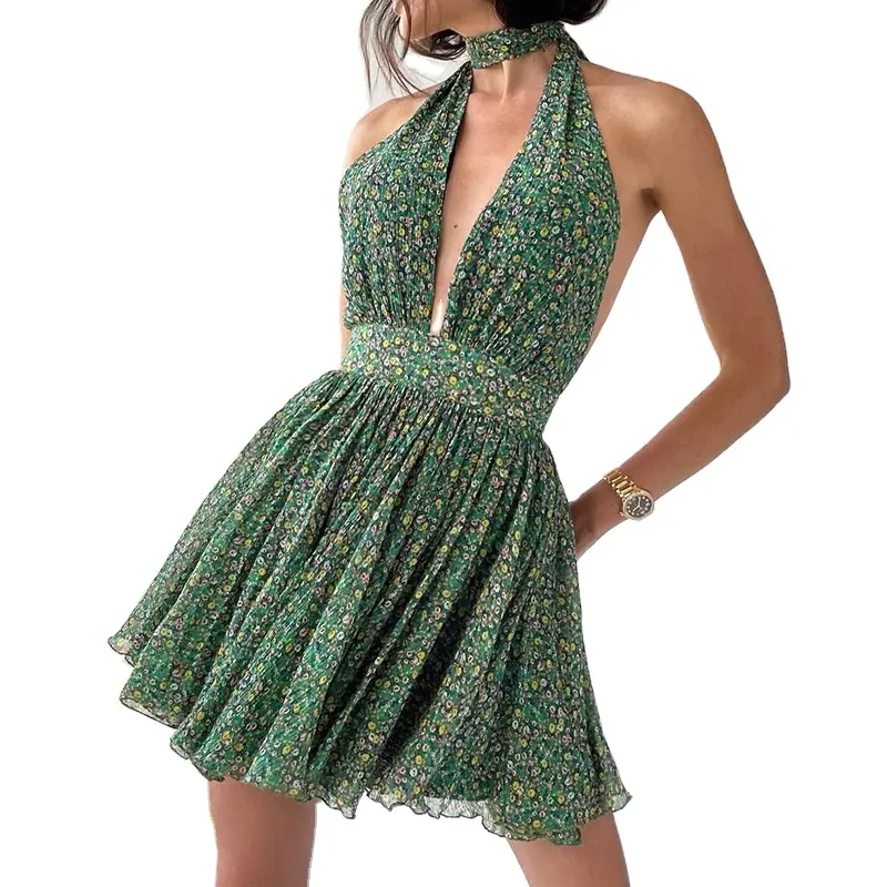 XQM-vestidos florales verdes para mujer, vestidos sexys ajustados con escote en V profundo, vestidos colgantes
