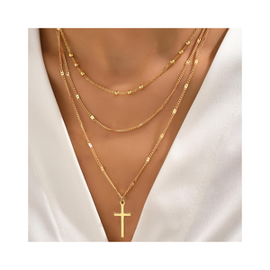 Chaîne à maillons en or à trois couches Ensemble de colliers à pendentif croix métallique pour femmes Collier à chaîne de perles rondes <span class=keywords><strong>chic</strong></span> - Product Image 1