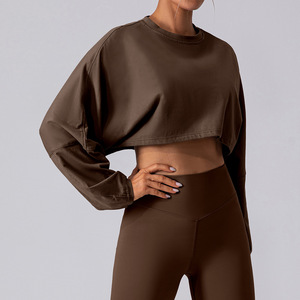 Scoop <b>Neck</b> Cropped Breathable Sportswear T-Shirt Base Shirt Yoga Running Loose Long Sleeved Women's Top with Front Logo - Product Image 4
