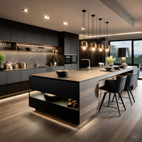Kustomisasi Seluruh Rumah Desain Modern Kabinet Dapur Kayu Oak MDF Kabinet Dapur Modular Mewah Dengan Pulau untuk Villa