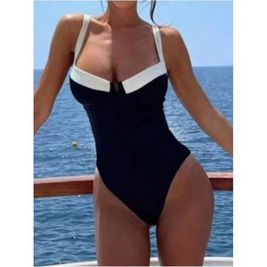 Traje de baño de una pieza personalizado para mujer, corte alto, push-up, cuello cuadrado, ribete en contraste, licra, nailon, ropa de playa - Product Image 4