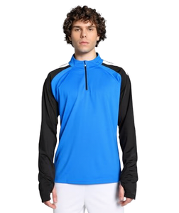 Pull sportif pour homme bleu et noir à manches raglan, demi-zip, séchage rapide, tricoté, manches longues, col montant, coupe classique, haut de printemps - Product Image 1