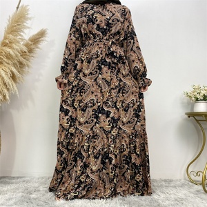 6373# Vintage Ethnic Floral Long Dress High Waist Muslim Women A-line Printed <b>Maxi</b> Dresses Islamic Clothing 3 Colors - Product Image 4