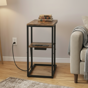 <span class=keywords><strong>Table</strong></span> rustique à 2 niveaux avec ports USB Type-C et prises pour petits espaces, <span class=keywords><strong>table</strong></span> d'appoint en métal noir avec station de charge - Product Image 2