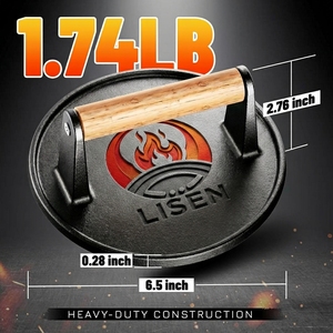 เครื่องกดเบอร์เกอร์เหล็กหล่อขนาด 6.5 นิ้ว ขอบมน สำหรับย่างเบคอนและบดเบอร์เกอร์ พร้อมด้ามไม้ - Product Image 2