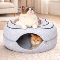 Lit tunnel pour chat en feutre de laine gris, durable et respirant, amovible et lavable, avec double trou, nid de jeu