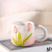 Tasse à café en céramique Tulip, écologique, dessin animé mignon, couleur bonbon, style en relief, poignée, emballage en boîte de couleur, haute qualité, usage domestique
