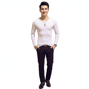 เสื้อยืดคอกลมแขนยาวคอวีสำหรับผู้ชายแห้งเร็วสีพื้นพิมพ์โลโก้ OEM แบบเรียบ - Product Image 1