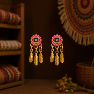 Ciondolo a Foglia con Piume Ilan, Set da 2 Pezzi, Accessorio Etnico Oro Rosa - Product Image 3